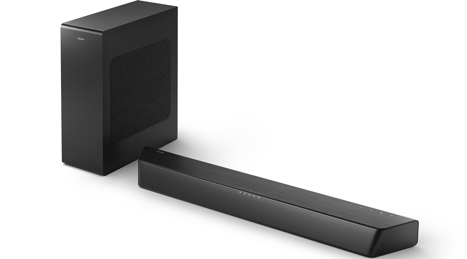 Een zwarte Philips soundbar en subwoofer worden getoond. De soundbar is lang en rechthoekig, de subwoofer is hoog en in doosvorm.