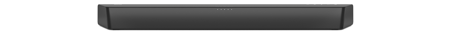 Een zwarte soundbar op een witte achtergrond. Het heeft een rechthoekige vorm met afgeronde hoeken. Kleine lampjes zijn zichtbaar.