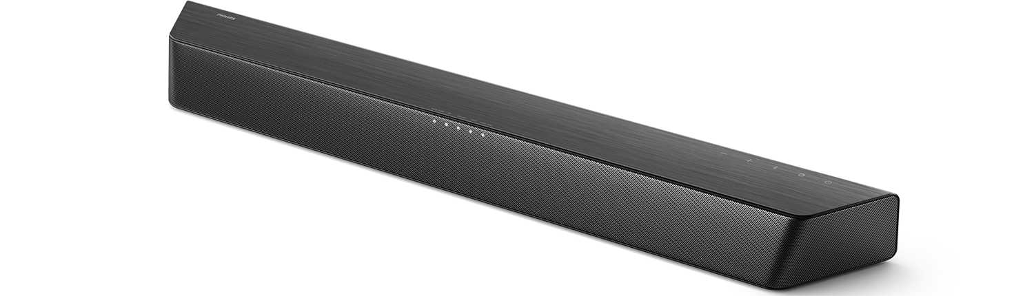 Een zwarte soundbar met het Philips-logo. Het heeft een mesh voorkant, bedieningsknoppen en een geborstelde metalen afwerking.