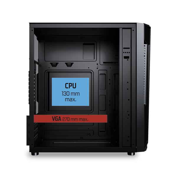 Fekete számítógépház, nyitva, kék CPU-dobozzal és piros VGA max vonallal.