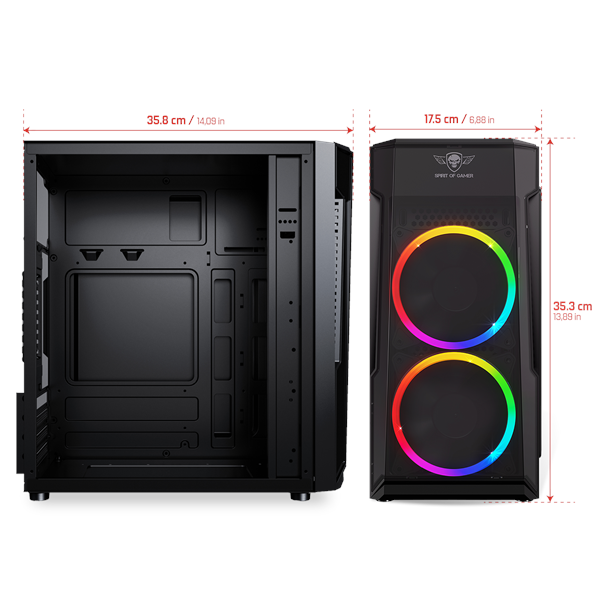 Fekete számítógép ház, méretekkel, elülső és oldalsó nézettel, RGB ventilátorokkal.