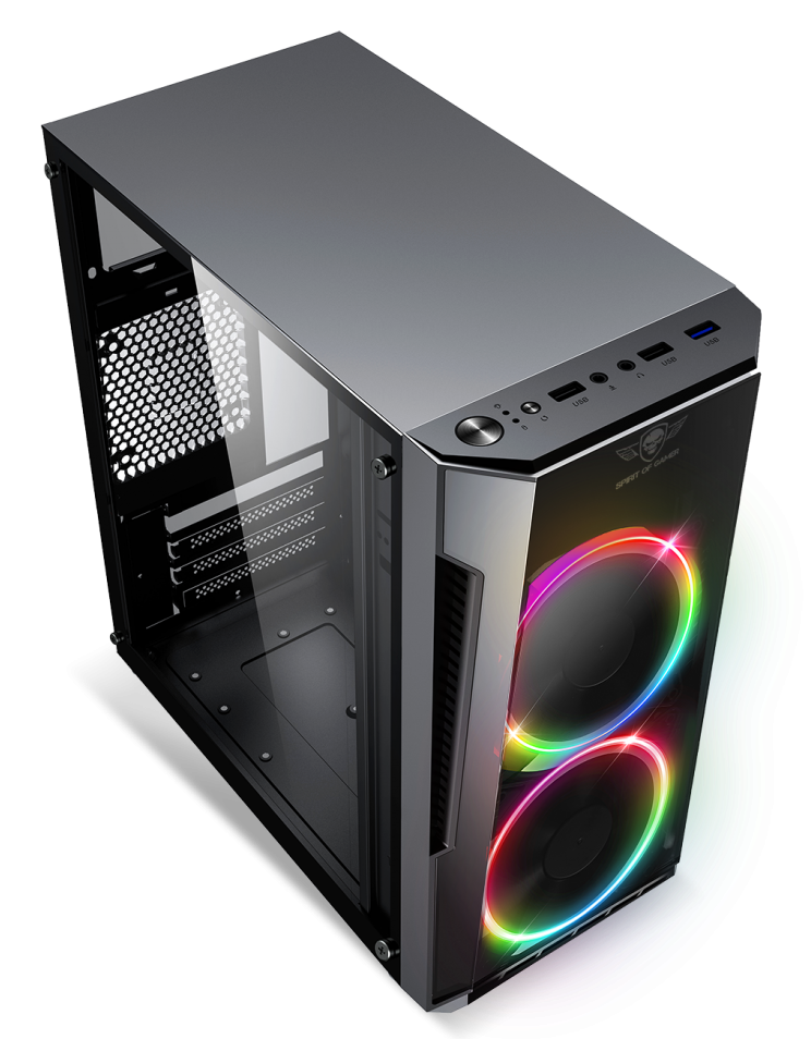 Fekete PC-ház. Számítógépház üveg oldallappal, RGB világítással és felső panellel.