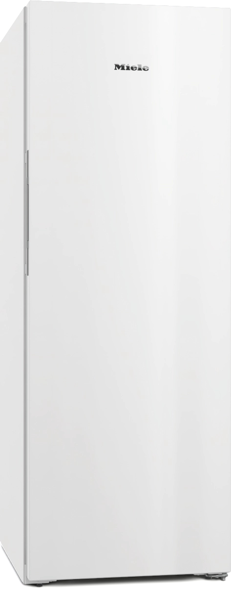 Weißer Miele-Kühlschrank. Die Tür ist geschlossen und das Logo ist auf der Tür sichtbar.