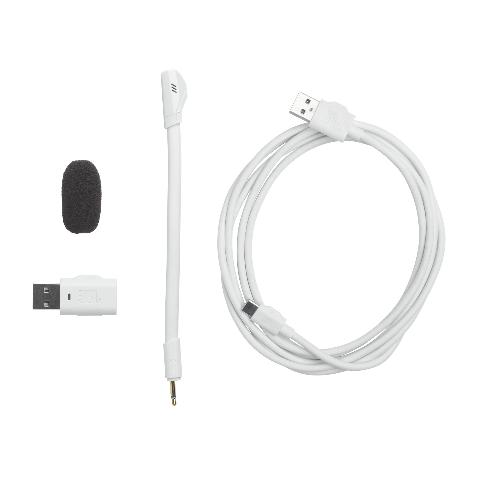 JBL USB Mikrofon-Kit. USB-Kabel, Mikrofon und Schaumstoffabdeckung, weißer Hintergrund.