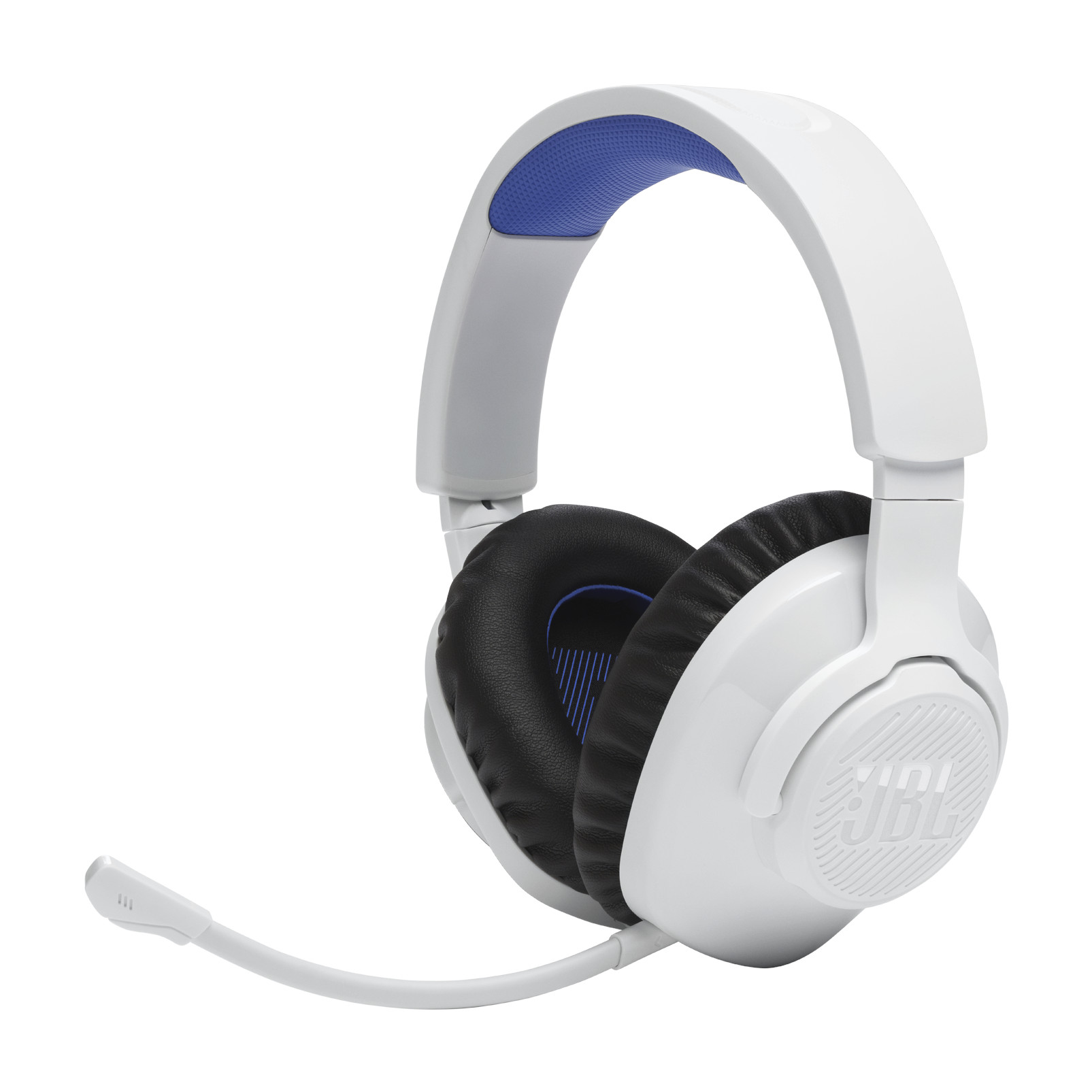 Weißes und blaues JBL Gaming-Headset mit Mikrofon.