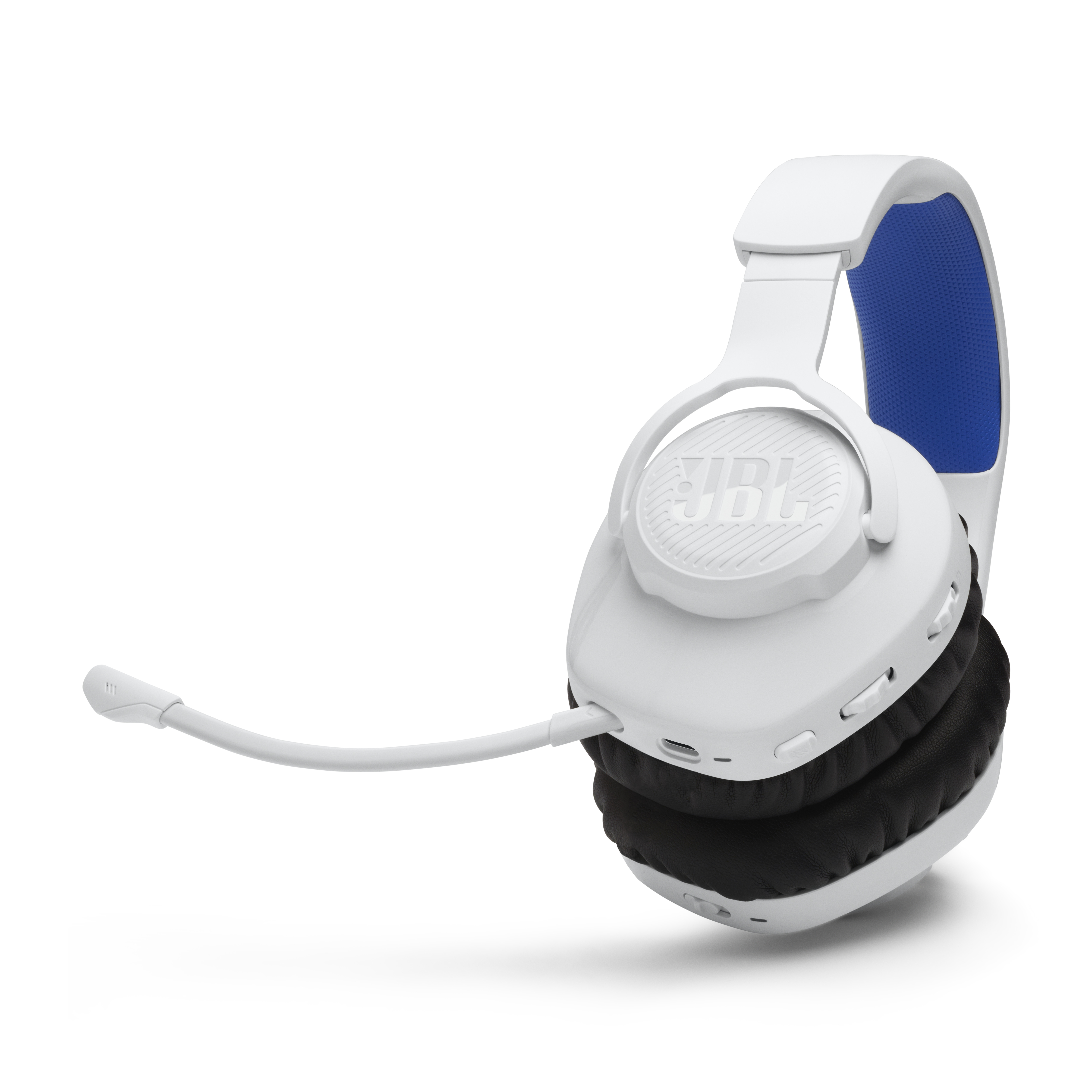 Weißes JBL-Headset mit Mikrofon, blauen Akzenten und schwarzen Ohrmuscheln.