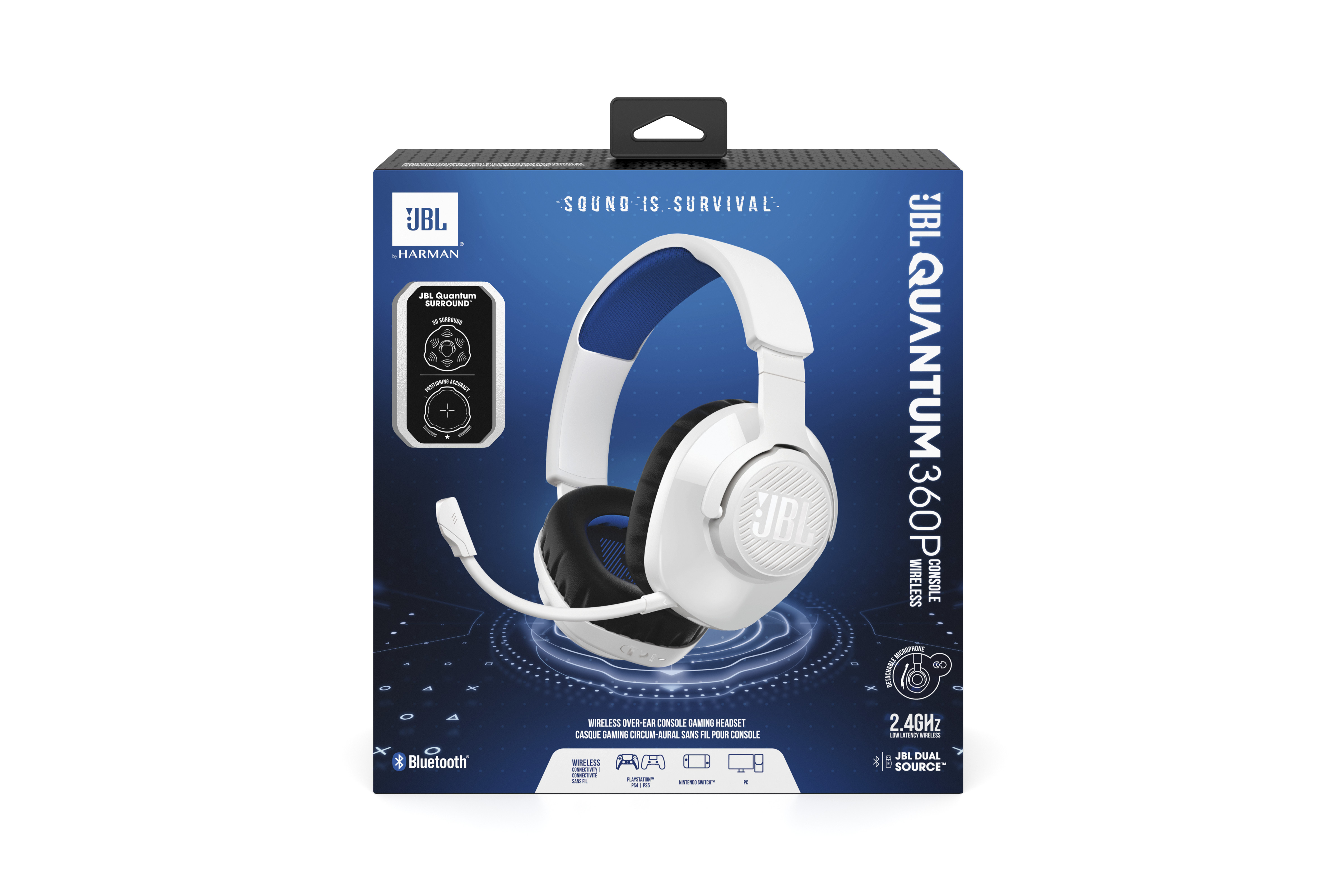 Eine weiße und blaue JBL Quantum 360P Gaming-Headset-Box auf weißem Hintergrund.