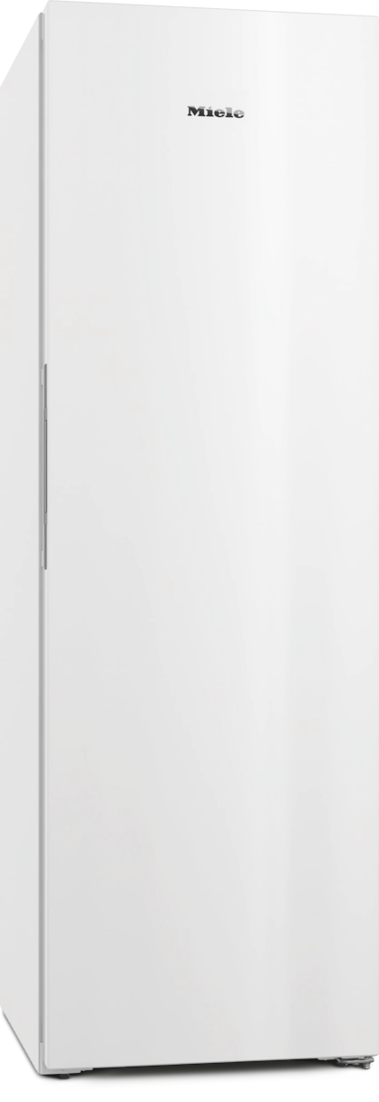 Ein hoher, weißer Miele-Kühlschrank. Er hat einen silbernen Griff und das Miele-Logo.