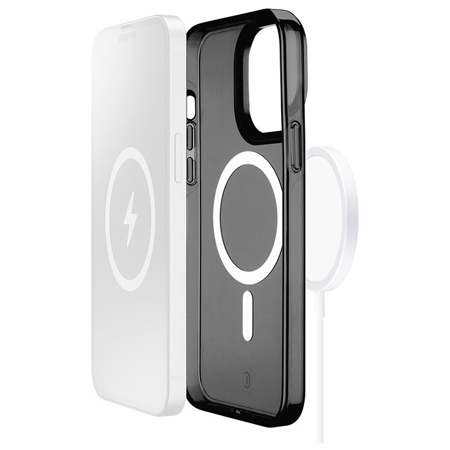 Funda transparente para iPhone, gris oscuro, muestra el contorno del teléfono y cargador blanco.