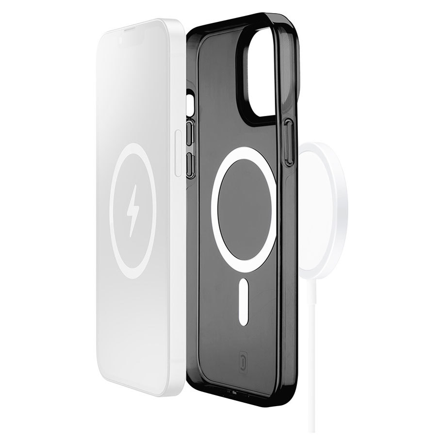 Funda blanca para teléfono, interior negro, con disco de carga blanco. Aislado sobre fondo blanco.