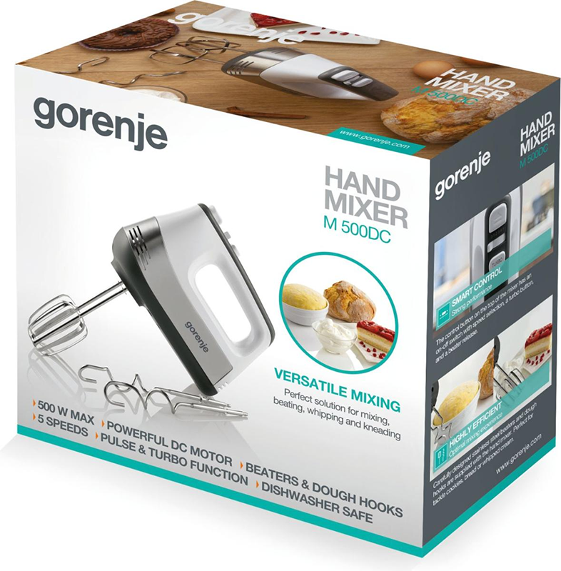 Doboz Gorenje kézi mixerrel. A grafika mixert, süteményeket és a funkciókról szóló szöveget mutat.