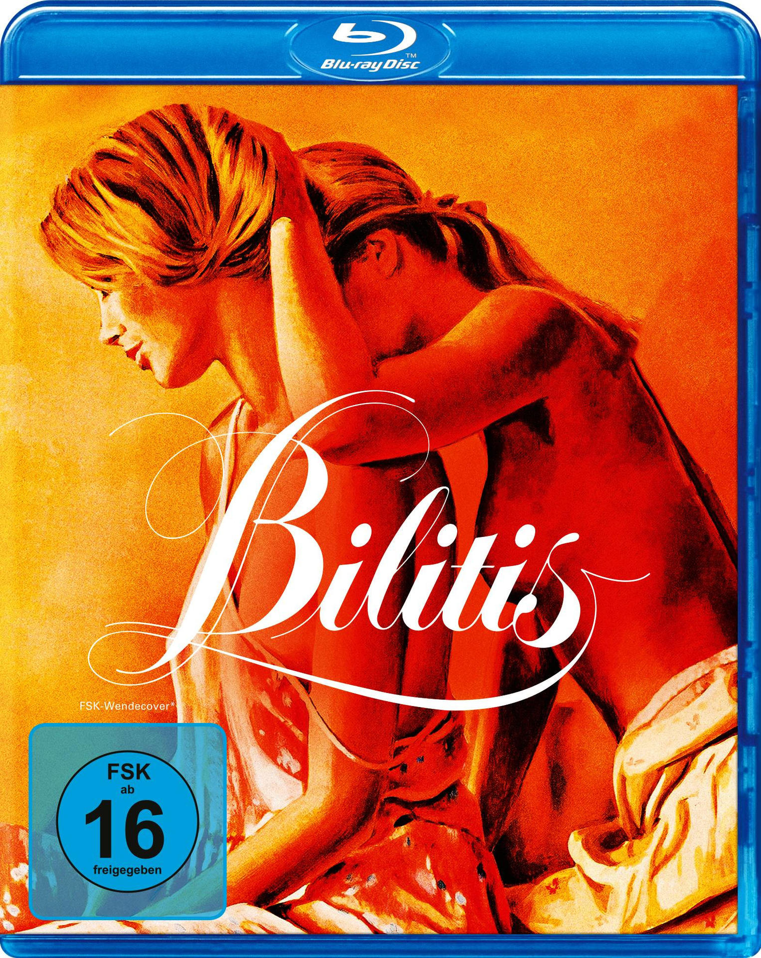 Ein Filmcover für Bilitis mit zwei Frauen in einer Umarmung, mit dem Titel überlagert.