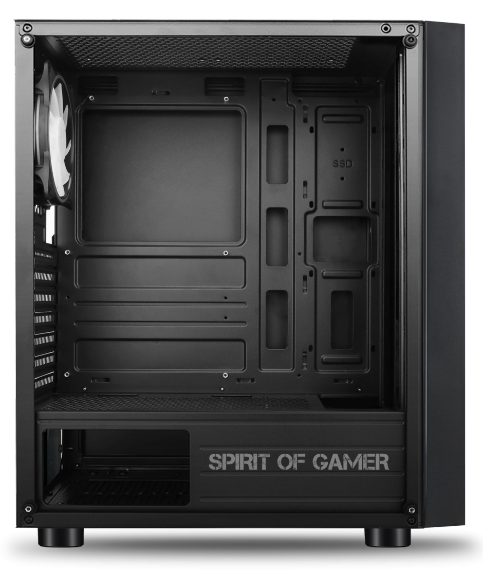 Fekete számítógépház belseje, 'SPIRIT OF GAMER' felirattal.