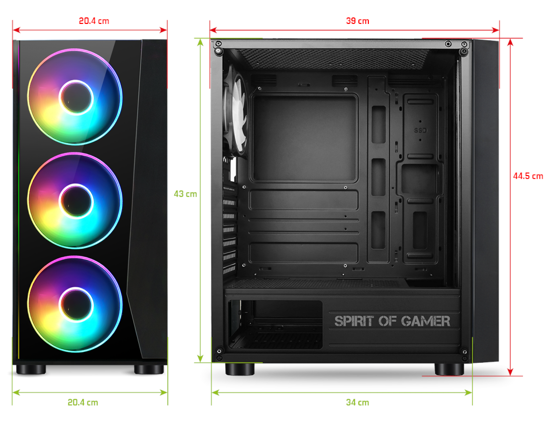 Számítógépház, bal és jobb nézet, méretekkel, és három RGB ventilátorral.