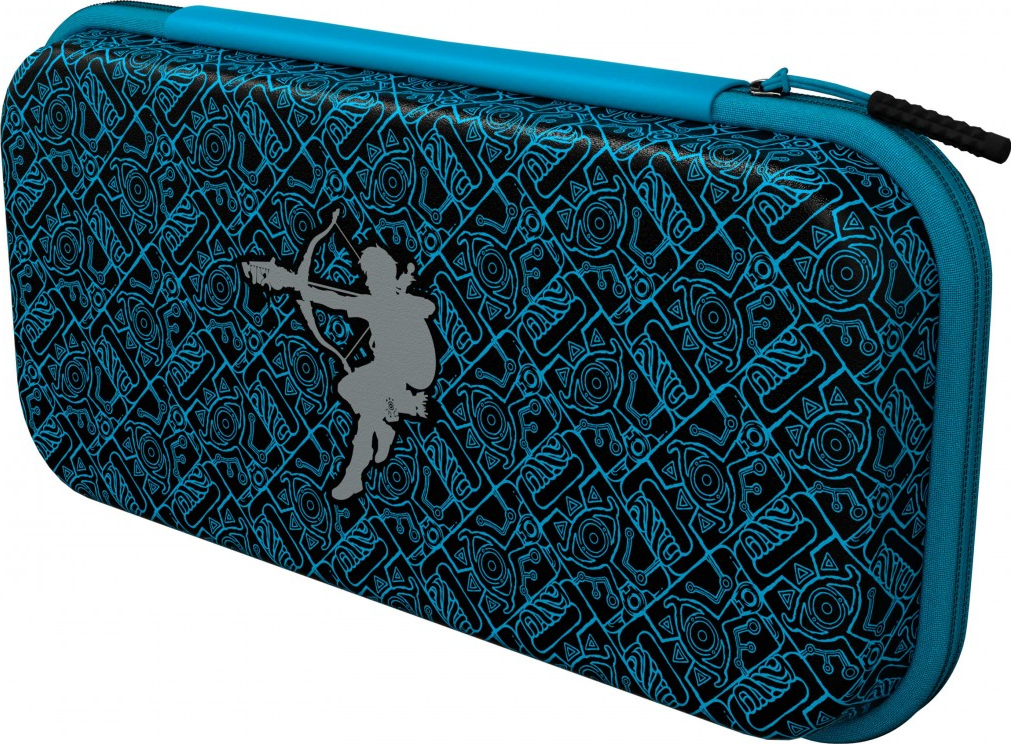 Custodia Nintendo Switch blu e nera con la silhouette di una persona con arco e frecce.