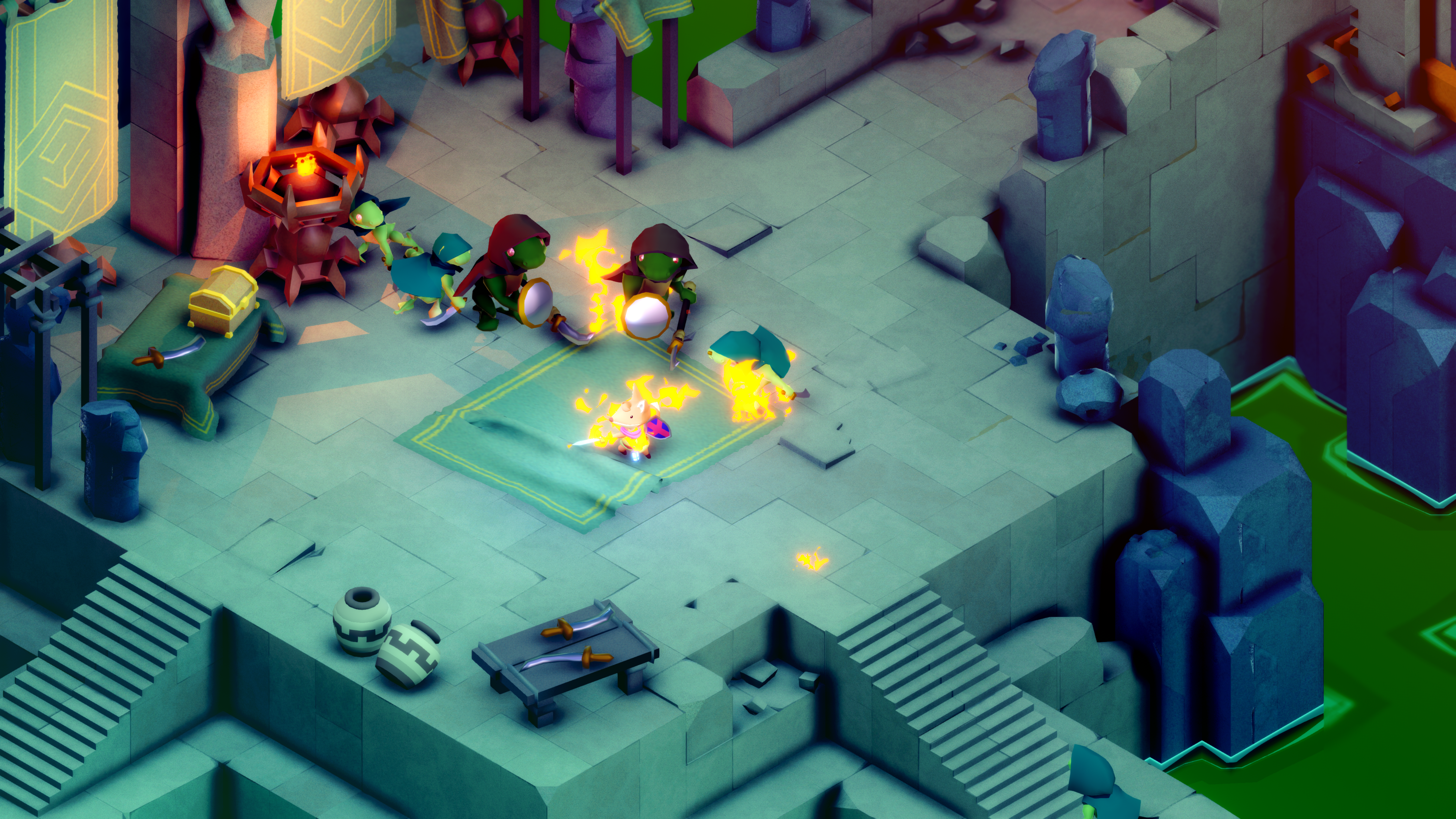 Vista isométrica de una escena de juego con personajes verdes y un cofre del tesoro en una plataforma.