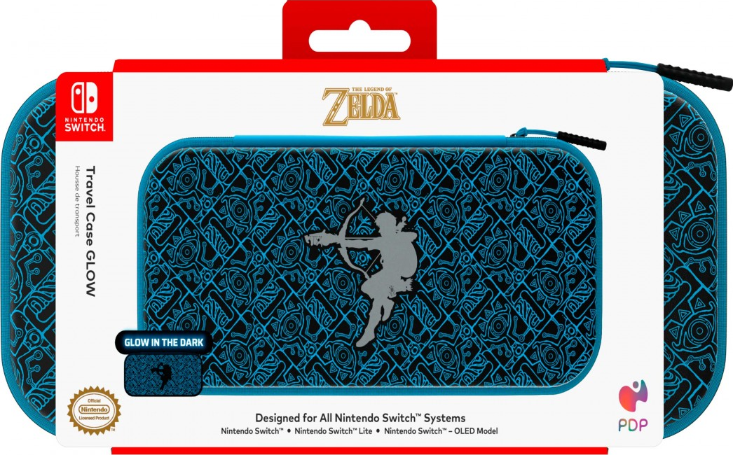 Una custodia per Nintendo Switch con un design blu e nero e l'immagine di Link di The Legend of Zelda.