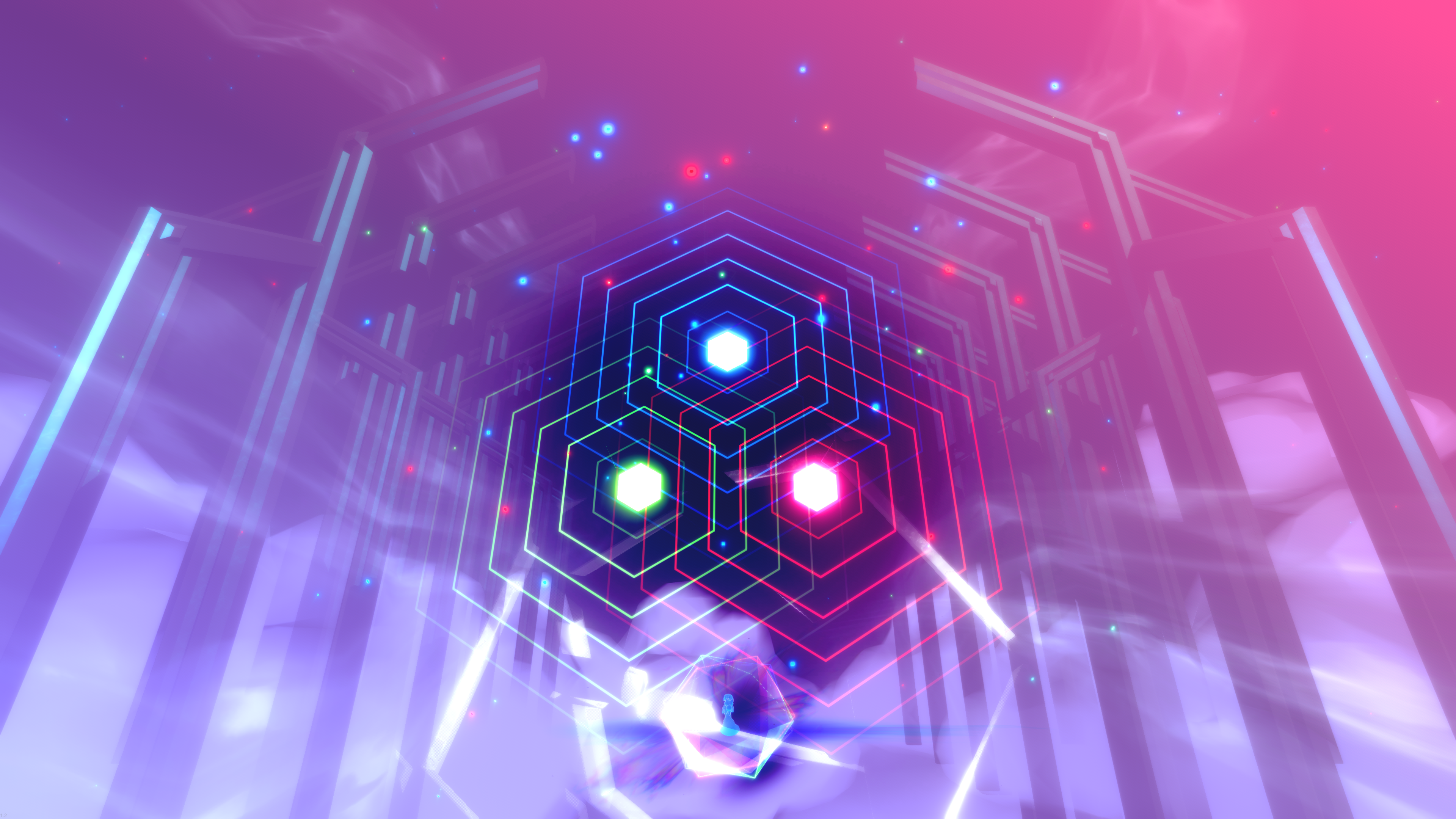 Imagen abstracta de una estructura futurista de neón hexagonal con colores brillantes y fondo de cielo.