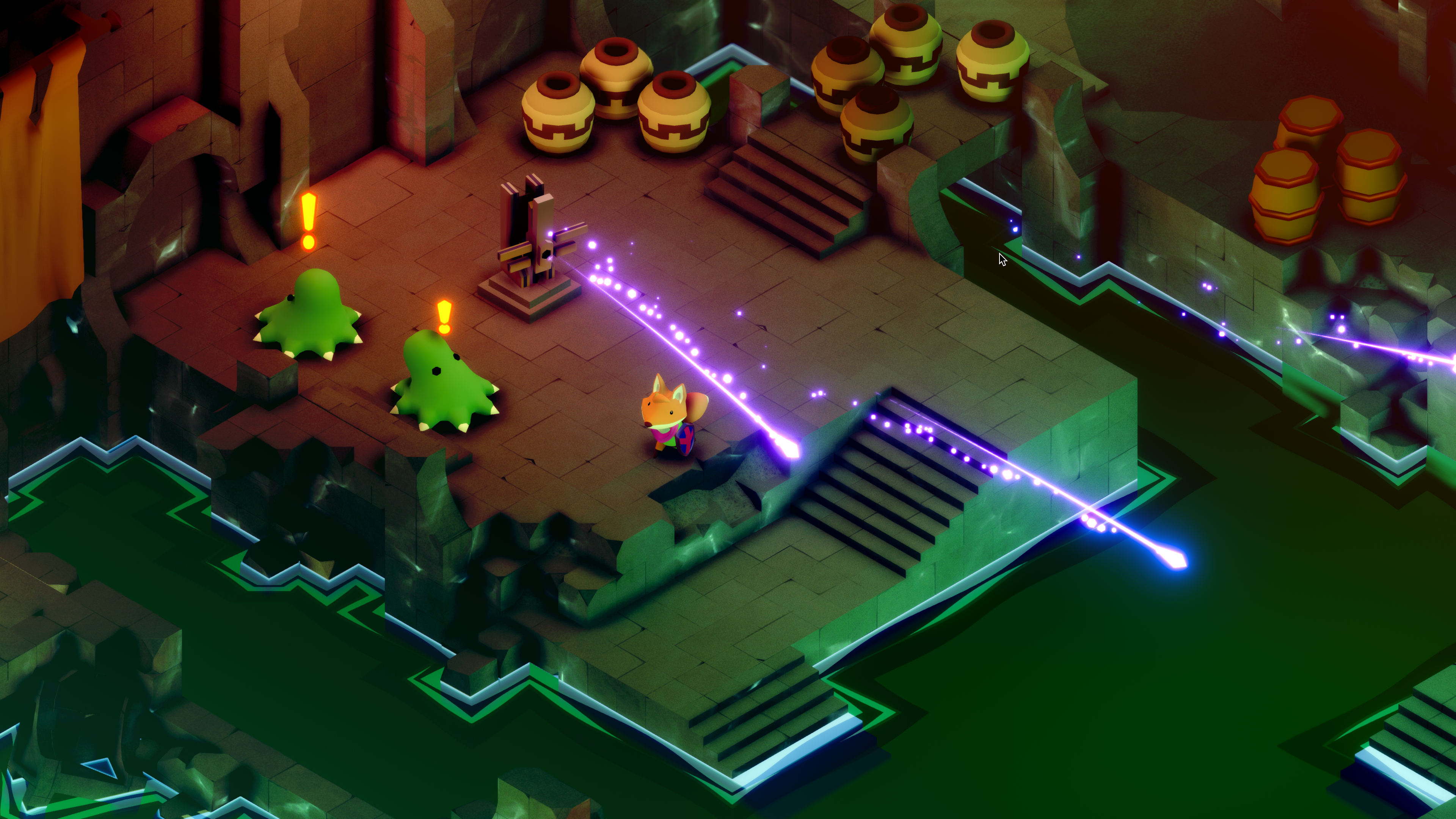 Escena de juego isométrico con un personaje, enemigos y un cofre del tesoro. Se disparan rayos púrpuras.