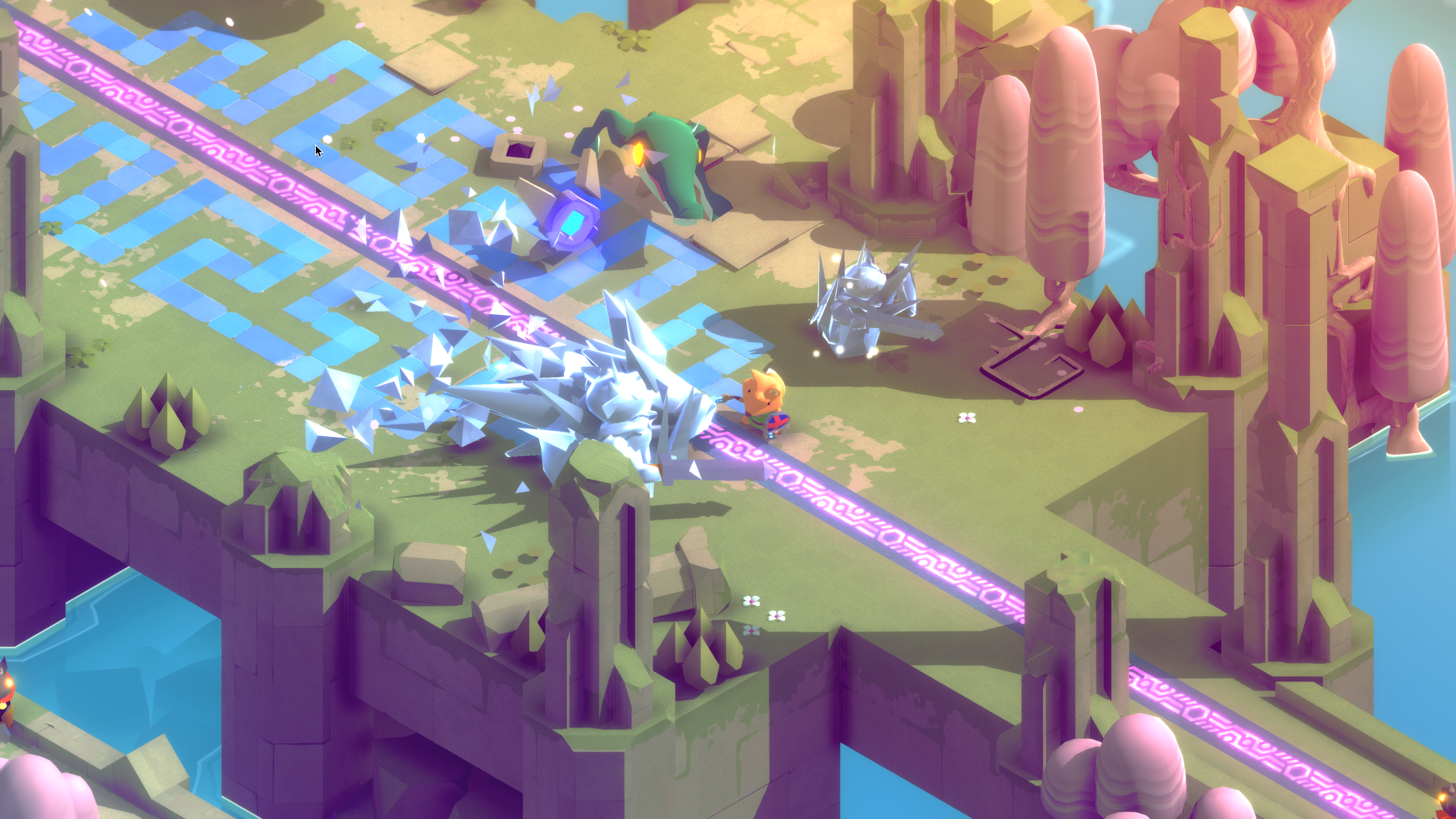 Vista isométrica de una escena de videojuego con un camino, enemigos y un personaje.