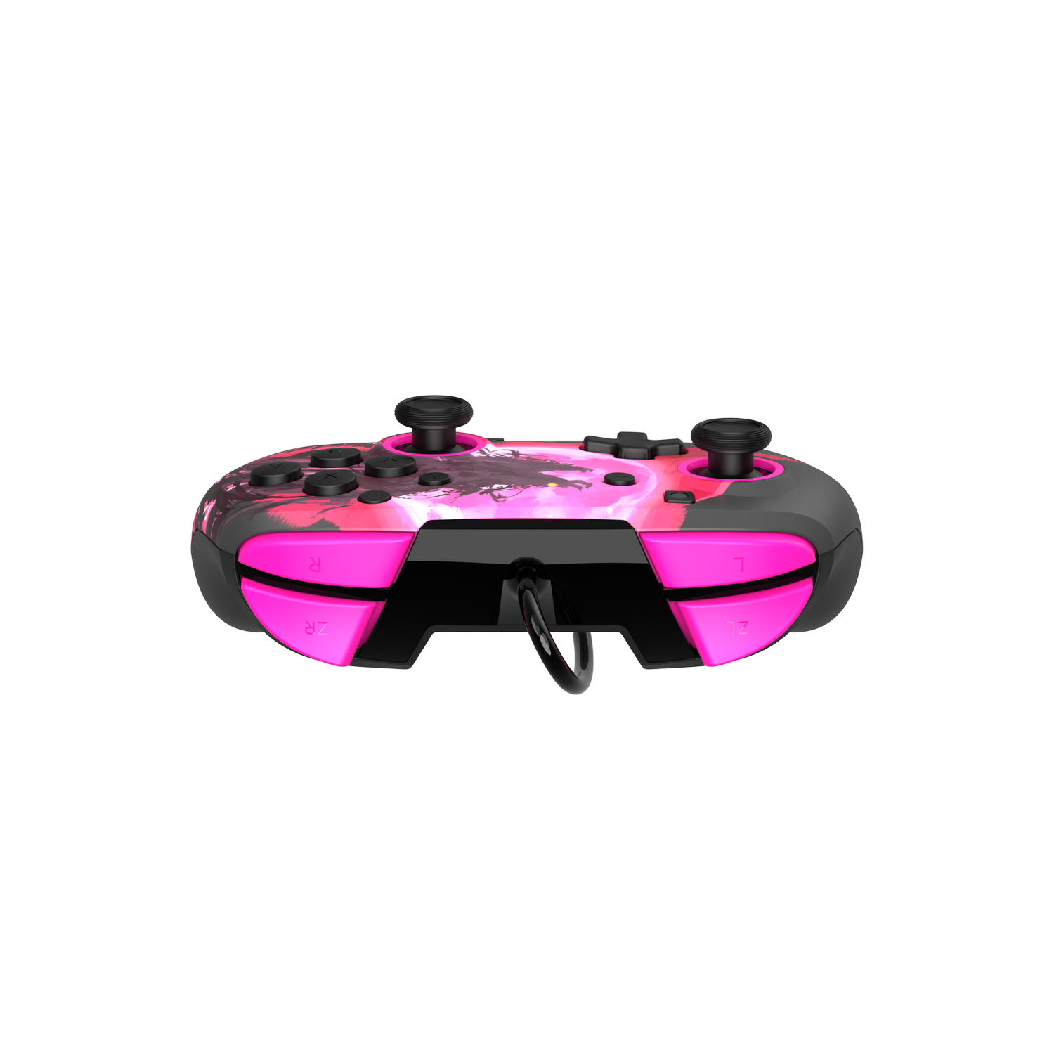 Mando de videojuegos rosa y negro sobre fondo gris.