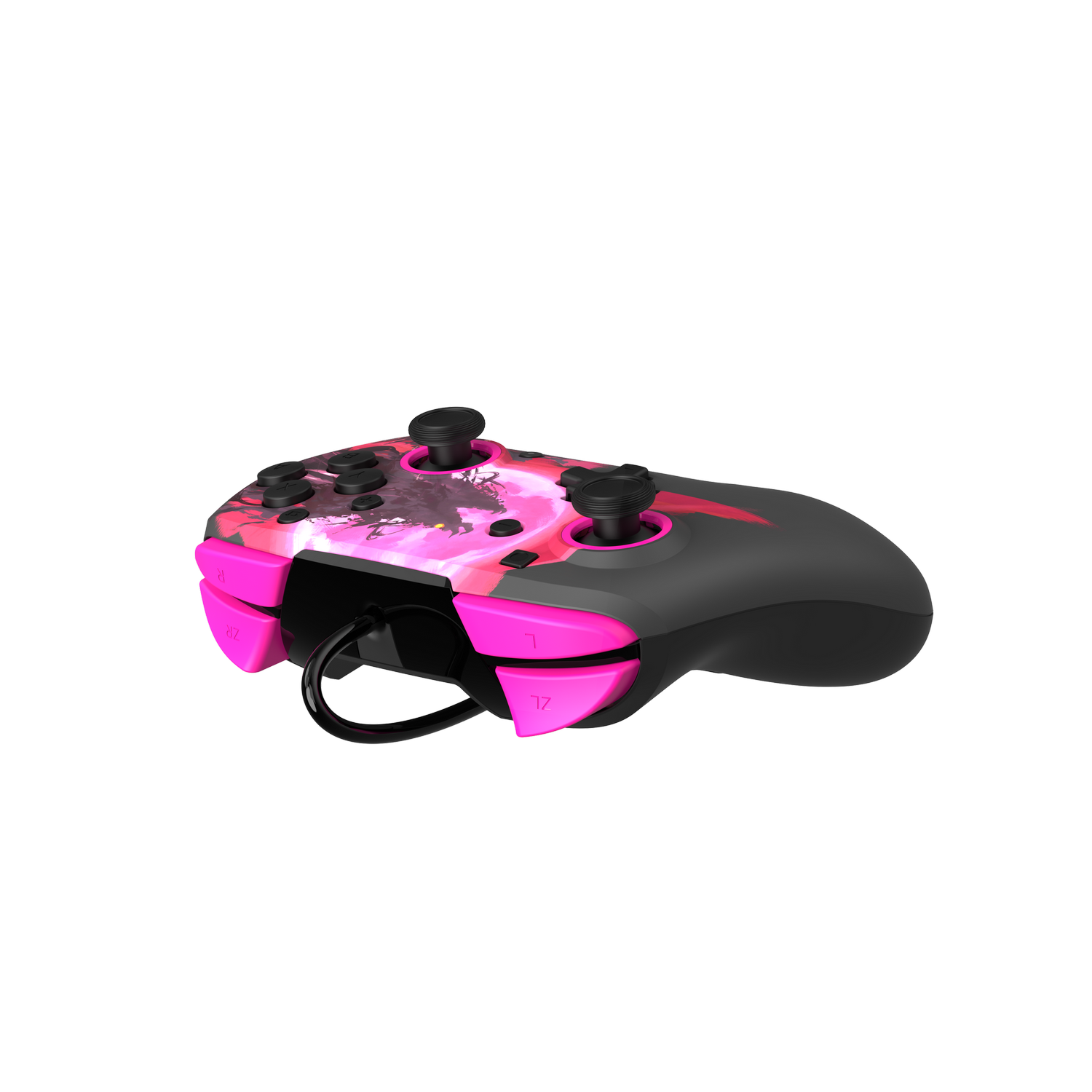 Mando Nintendo Switch rosa y negro, vista en ángulo, con botones, joysticks y cable.