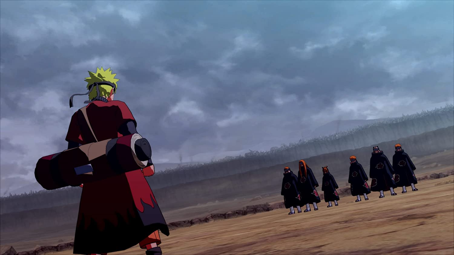 Naruto camina hacia figuras en una colina en una escena de anime.