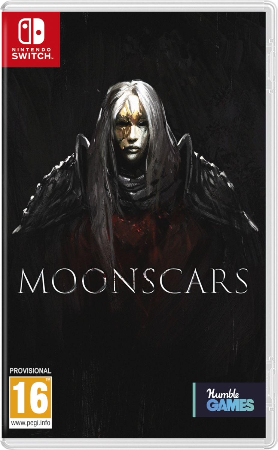 Boîtier de jeu Nintendo Switch : Moonscars. Fond sombre, personnage aux cheveux blancs.