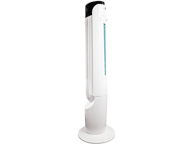 Fehér légtisztító fehér alapon, fekete tetővel. Tiszta, modern design.