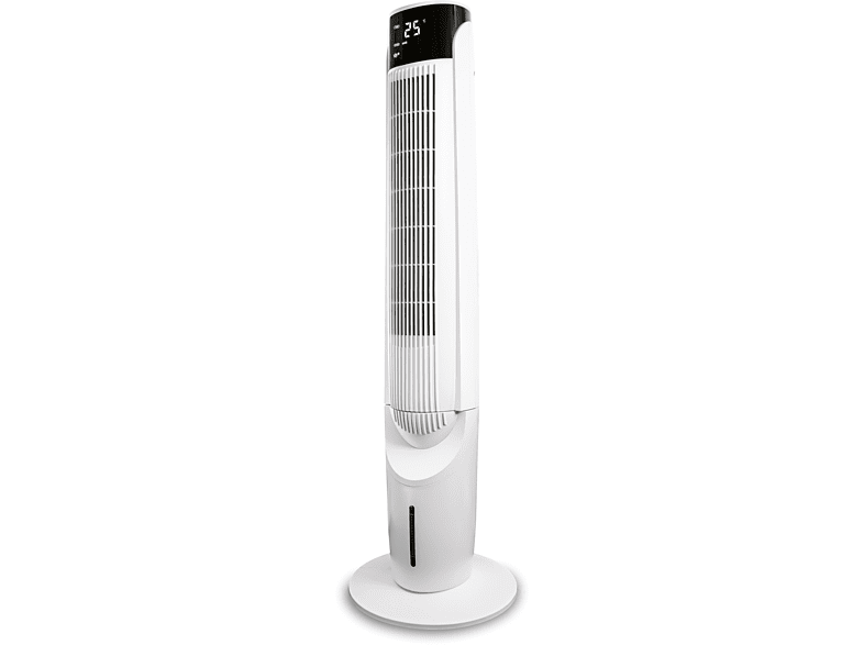 Fehér álló ventilátor, fehér talpon, fekete háttér.