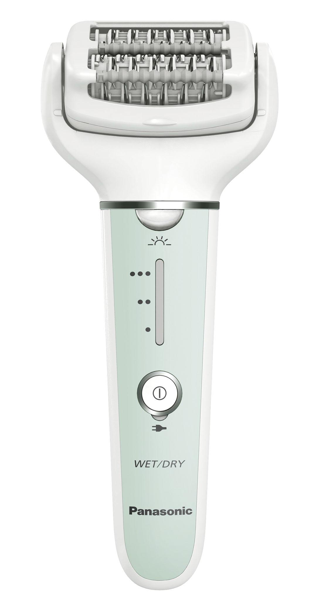 Weißer und mintgrüner Elektrorasierer mit Wet/Dry-Label und Knopf.