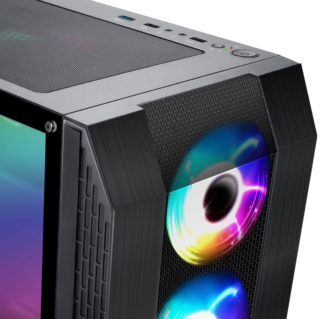 Egy számítógépház közeli képe RGB világítással és egy hálós előlappal.