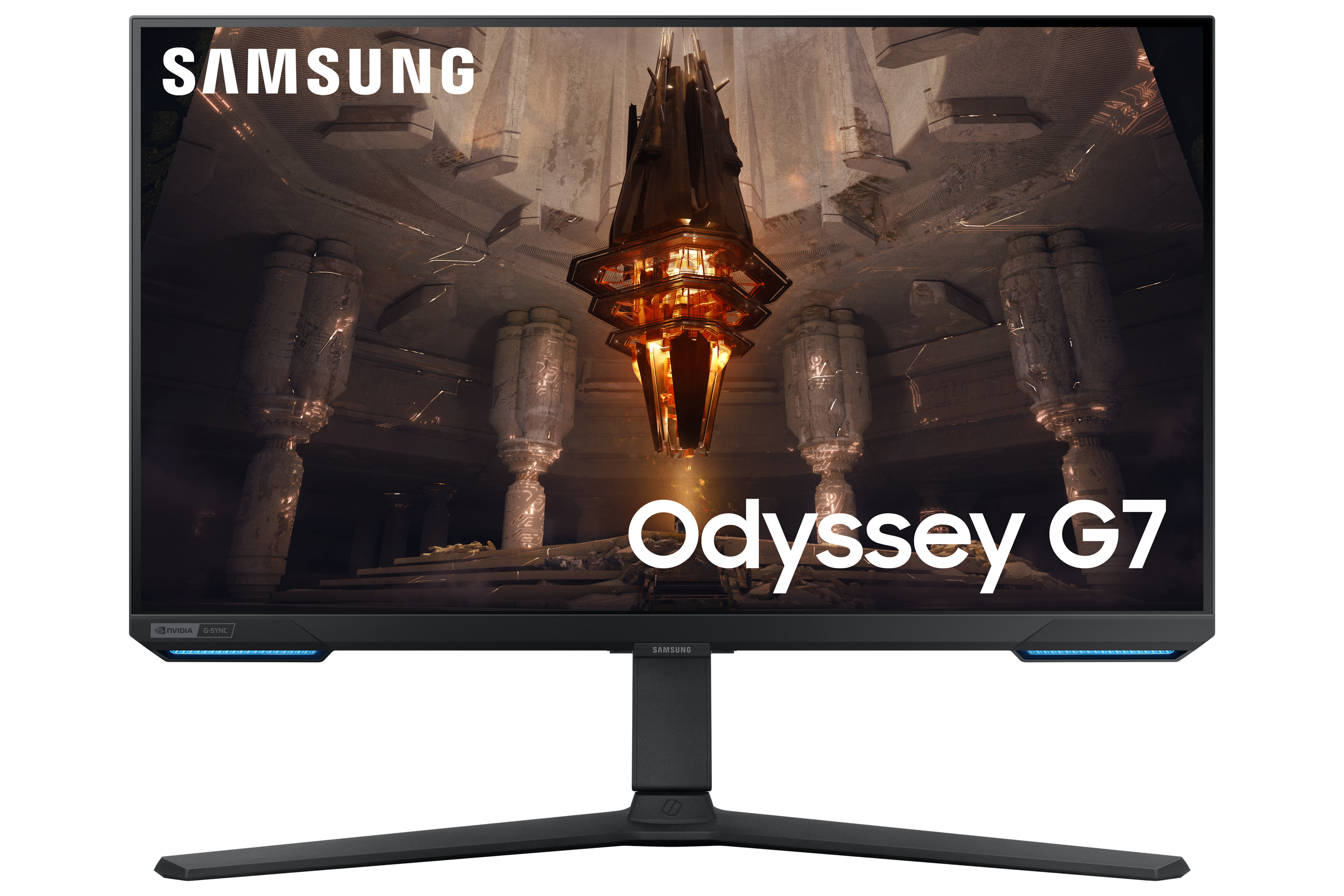 Un monitor Samsung Odyssey G7, mostrando una escena de juego.