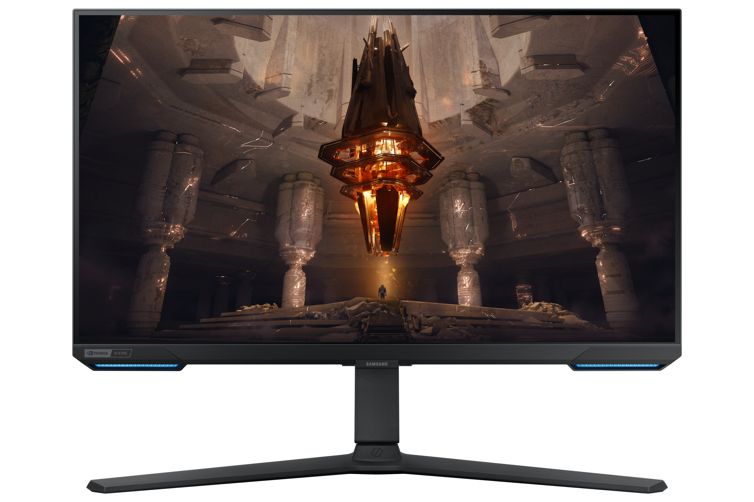 Un monitor de juegos muestra una estructura detallada, dorada y ornamentada en un salón de piedra.