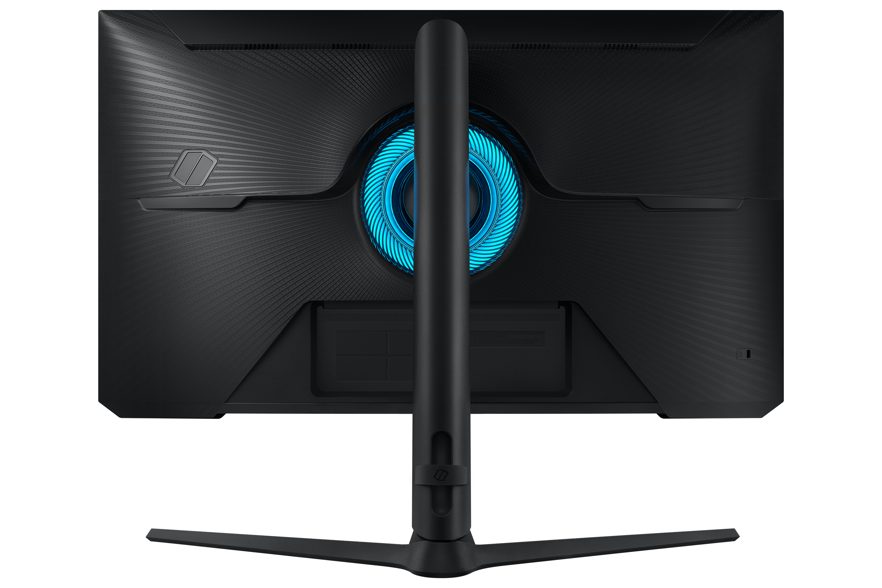 La parte trasera de un monitor negro con un círculo de luz azul.