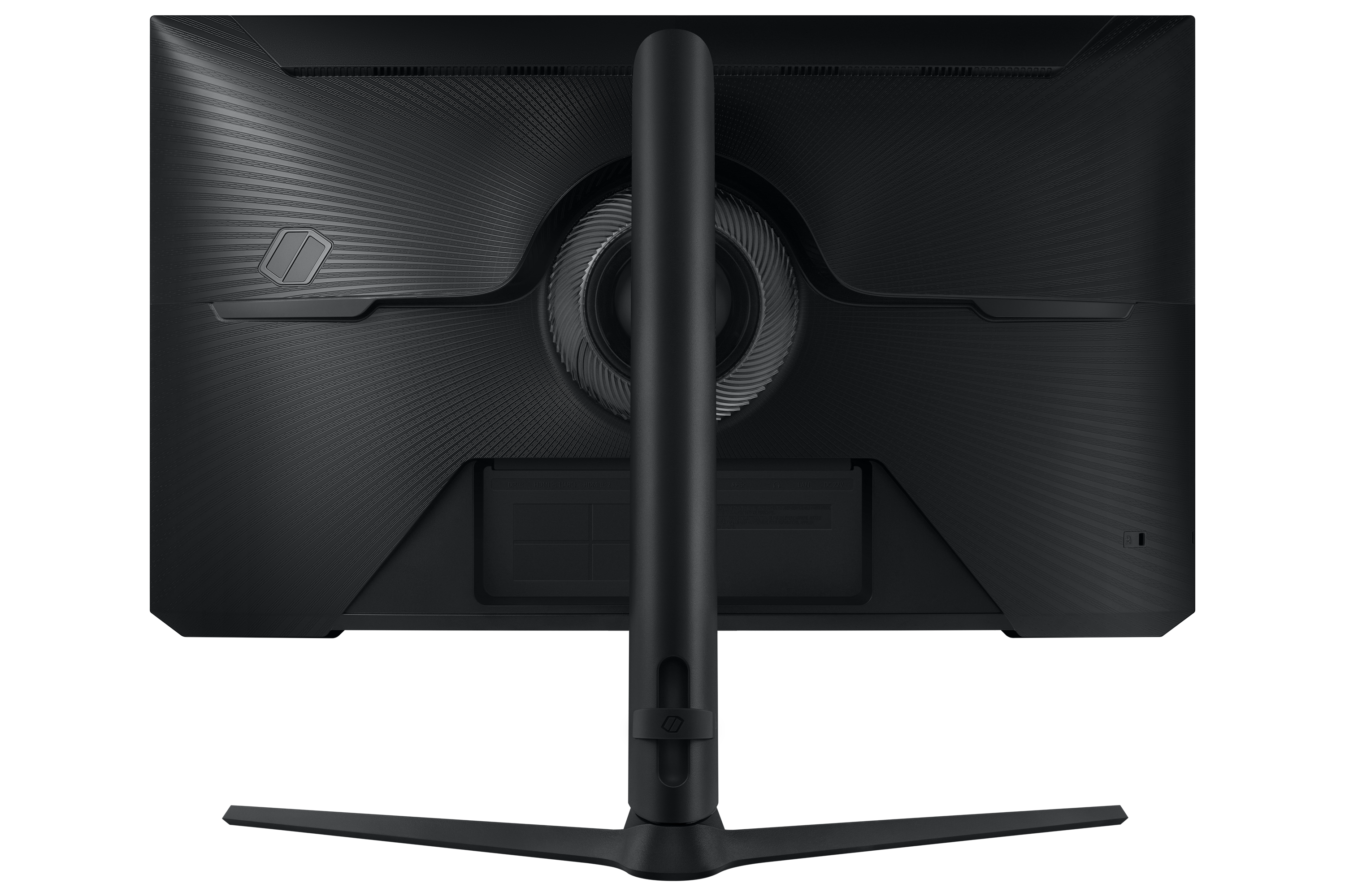 Vista trasera de un monitor negro. Tiene un soporte y un panel trasero texturizado con un logotipo.