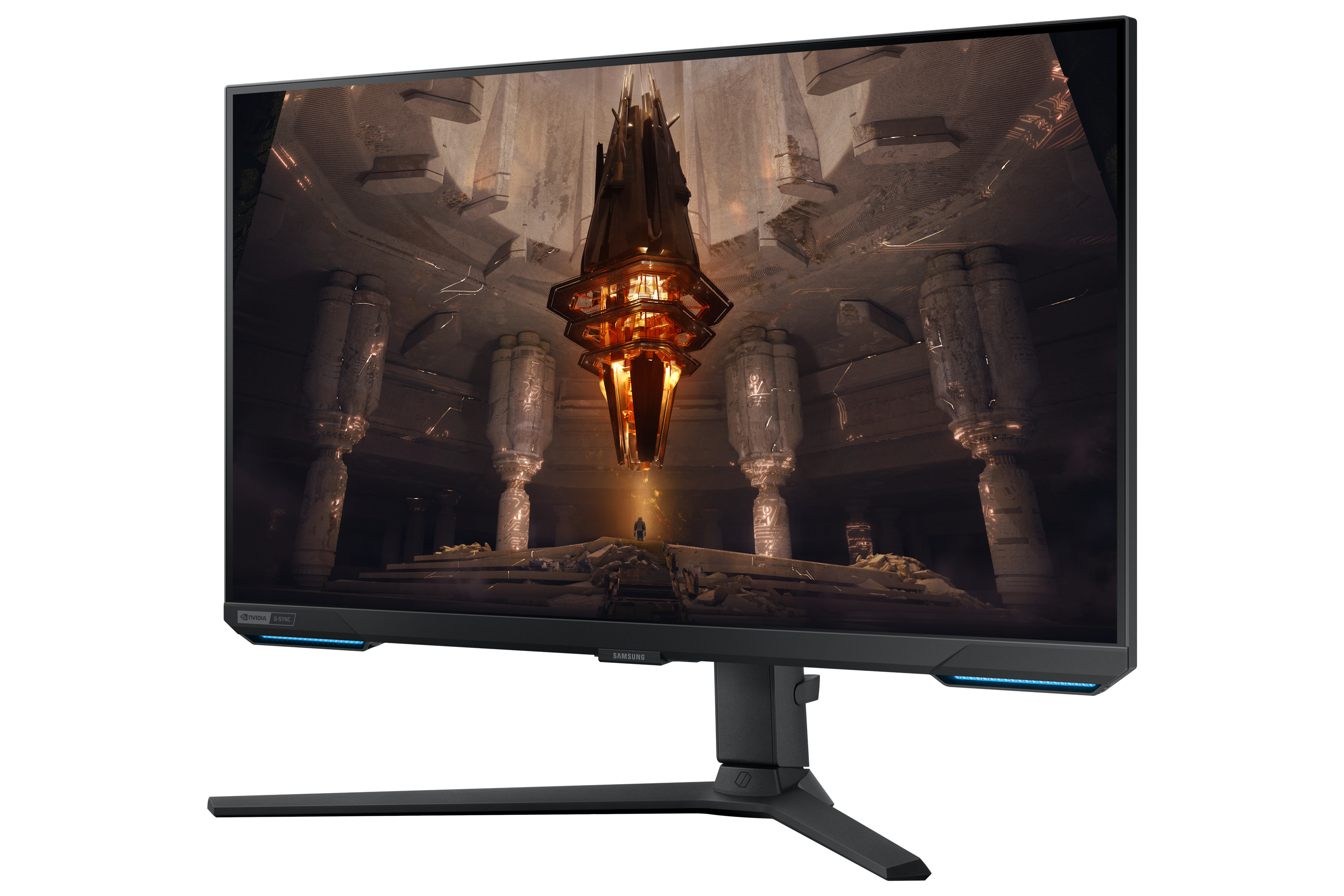 Monitor de juegos que muestra una escena futurista con pilares y luz central.