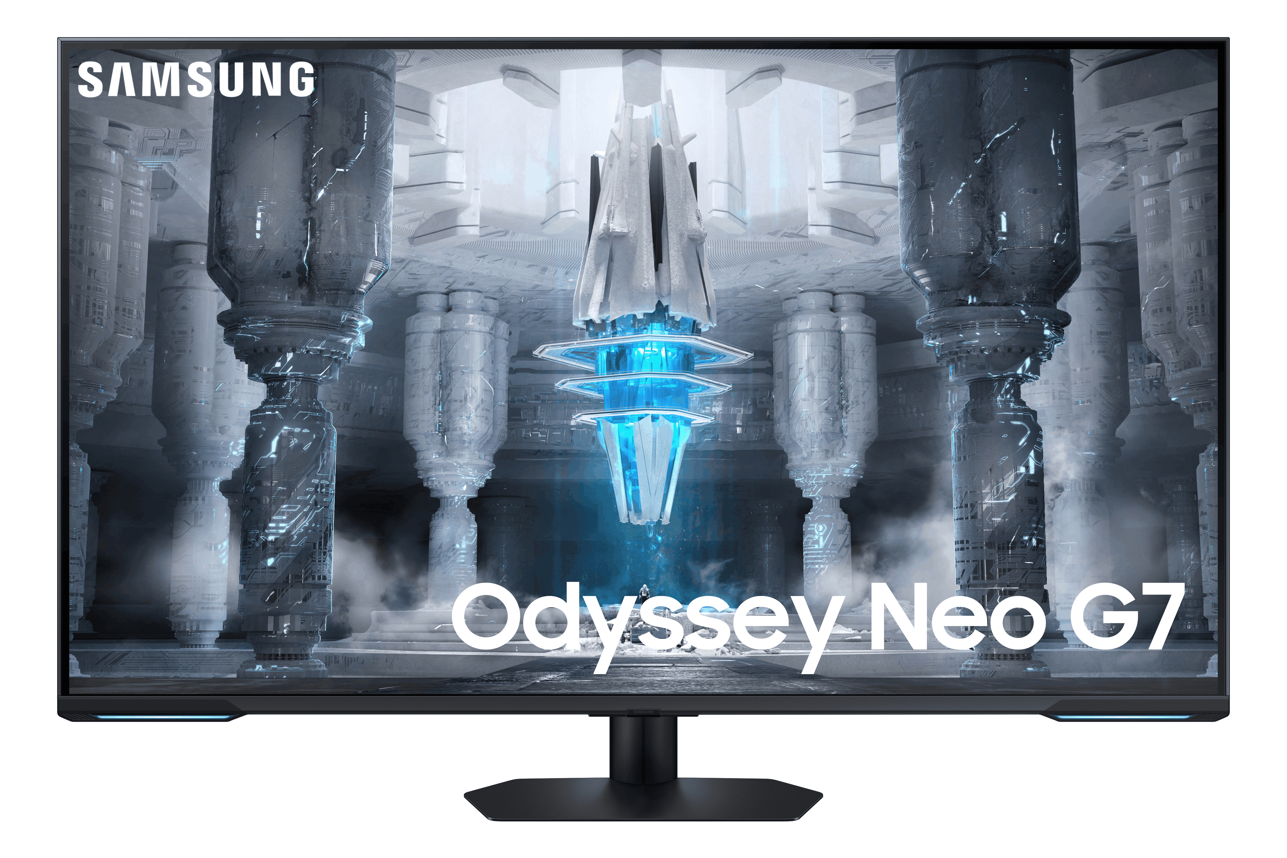 Monitor Samsung Odyssey Neo G7, con una estructura futurista y ornamentada en pantalla.