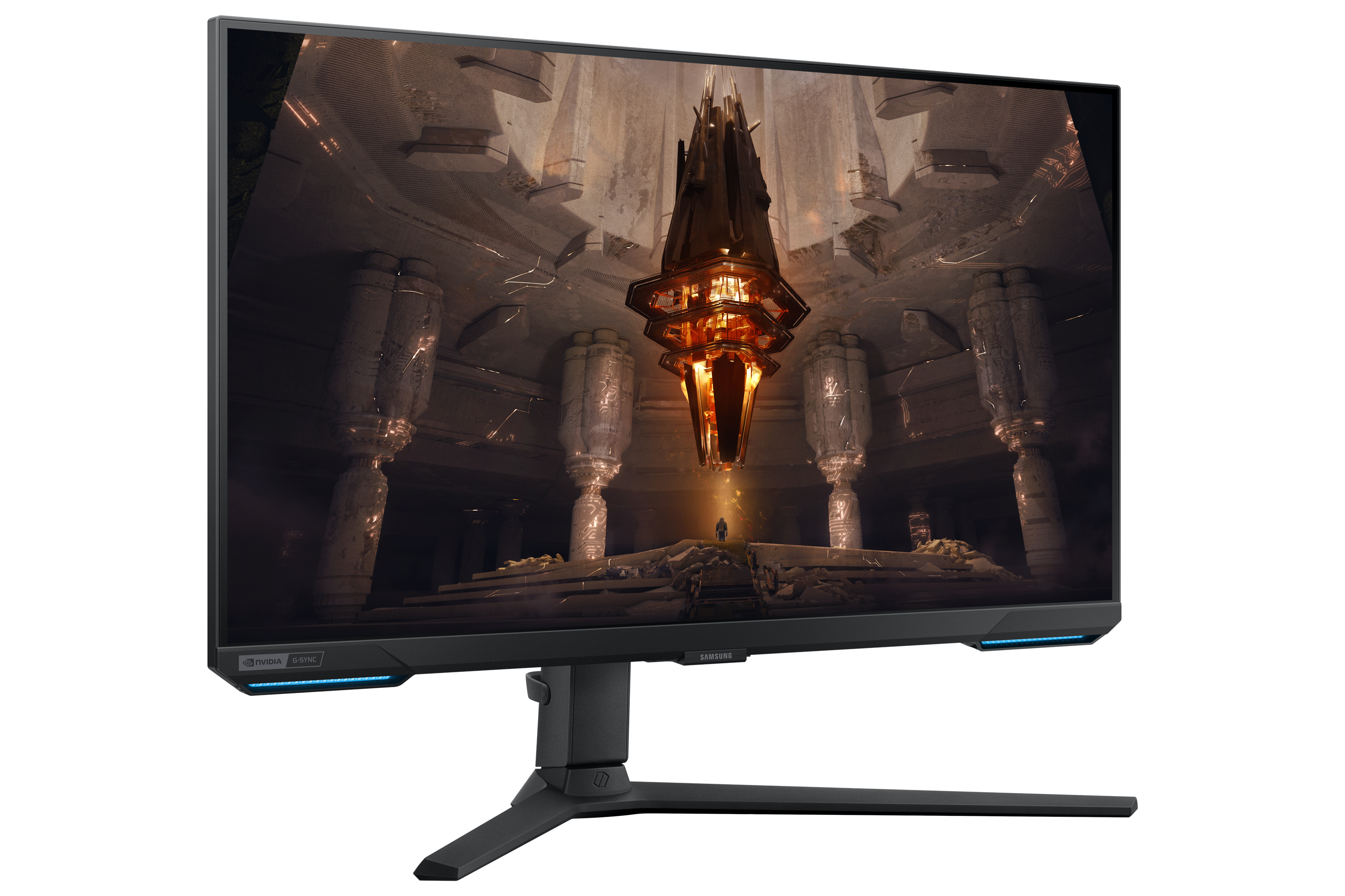 Monitor grande, entorno de habitación oscura, escena futurista en pantalla, soporte abajo, marco negro.
