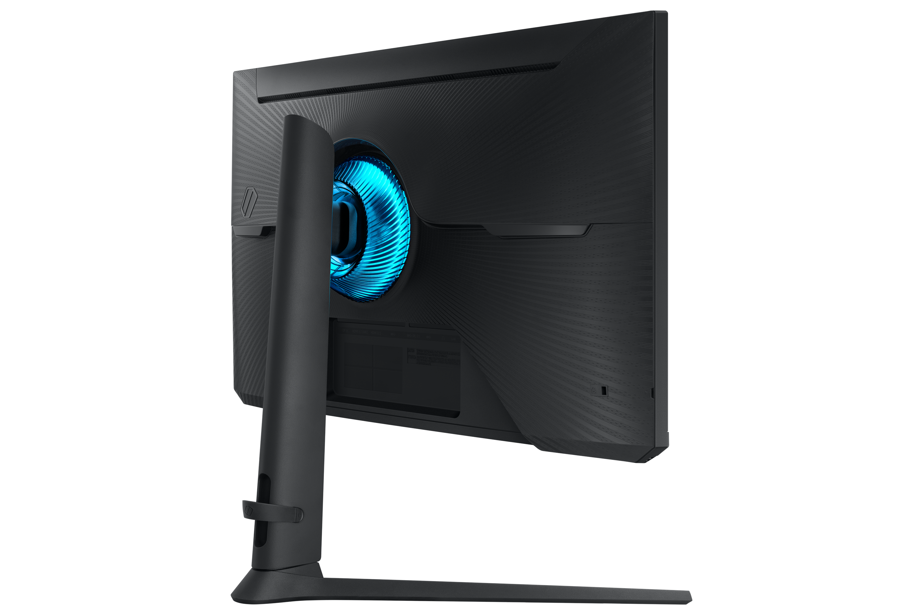 Parte trasera de un monitor de computadora negro con un anillo de luz azul. Tiene un soporte.