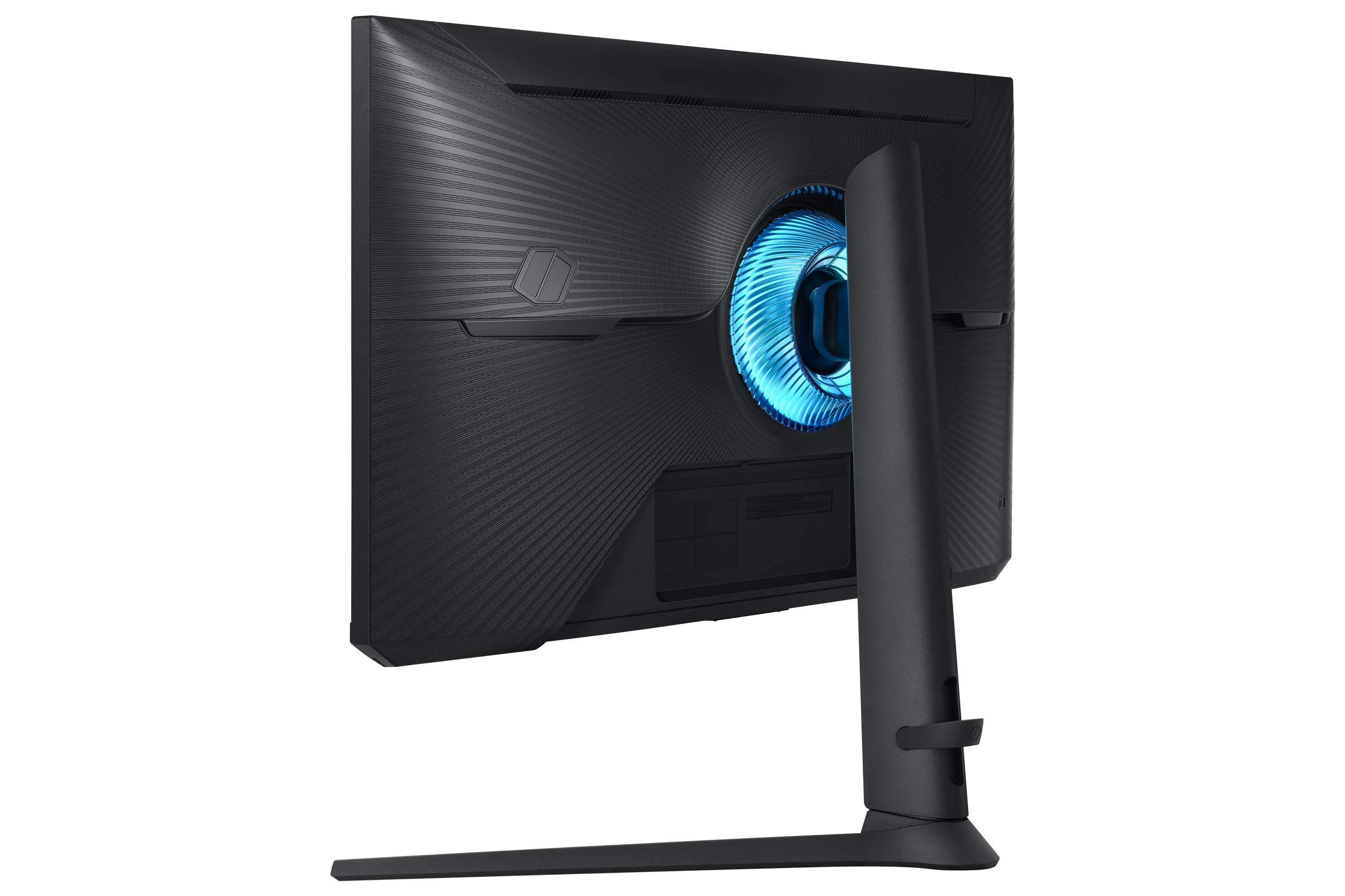 Vista trasera de un monitor Samsung negro con luz azul en el centro. El soporte es negro.