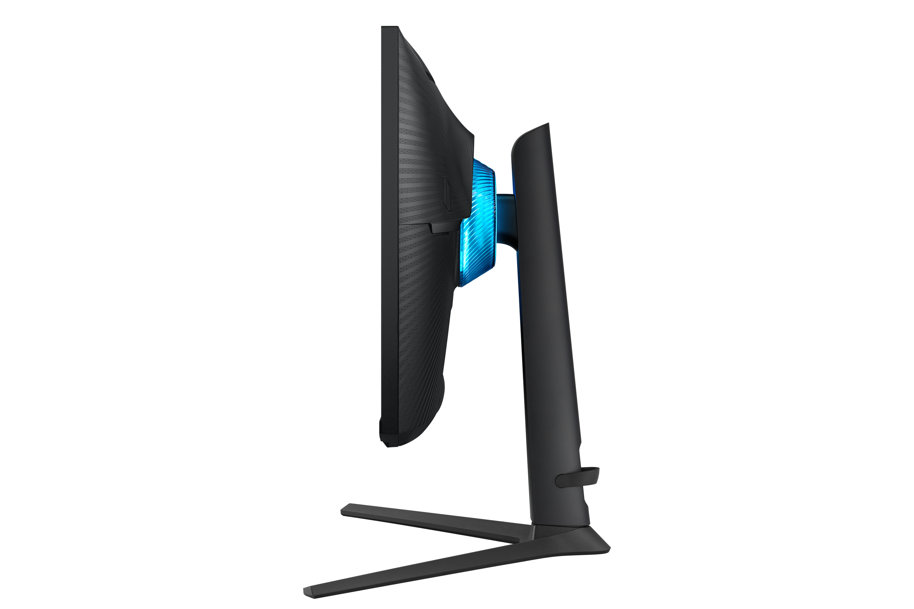 Una vista lateral de un monitor con luces azules en la parte posterior.