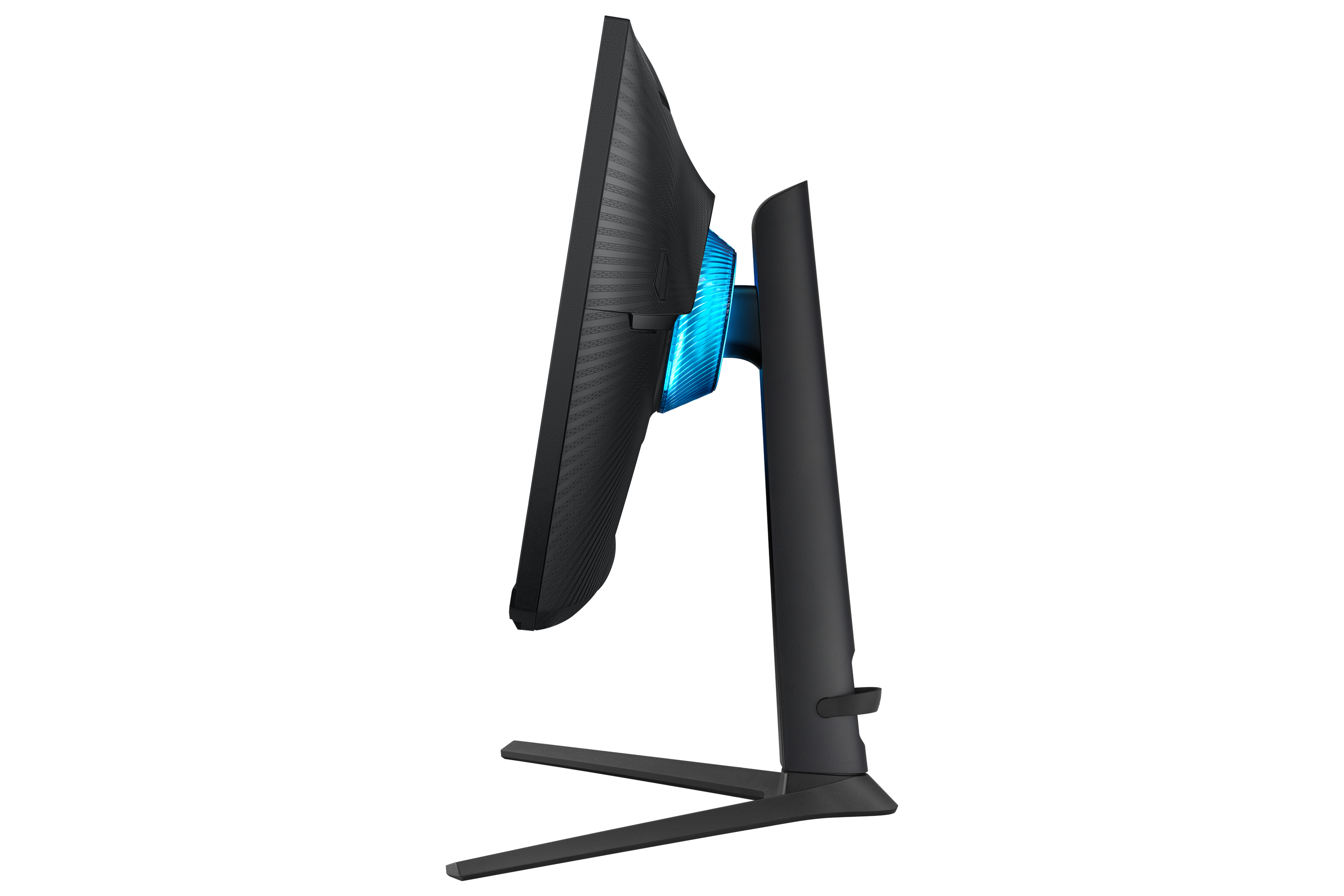Vista lateral de un monitor negro con detalles azules en la parte trasera.