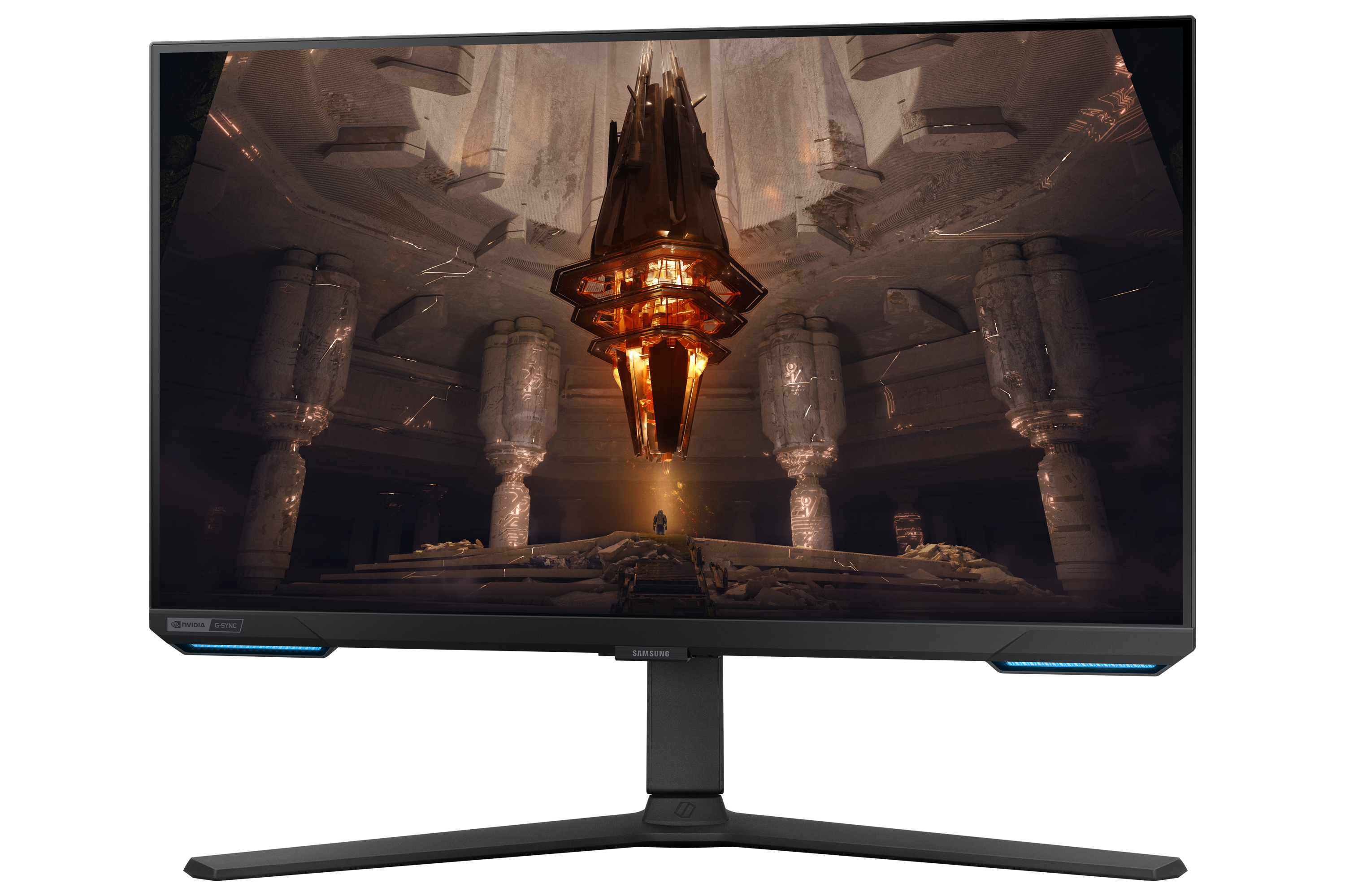 Monitor de juegos negro que muestra una escena futurista, con una gran estructura dorada en el centro.