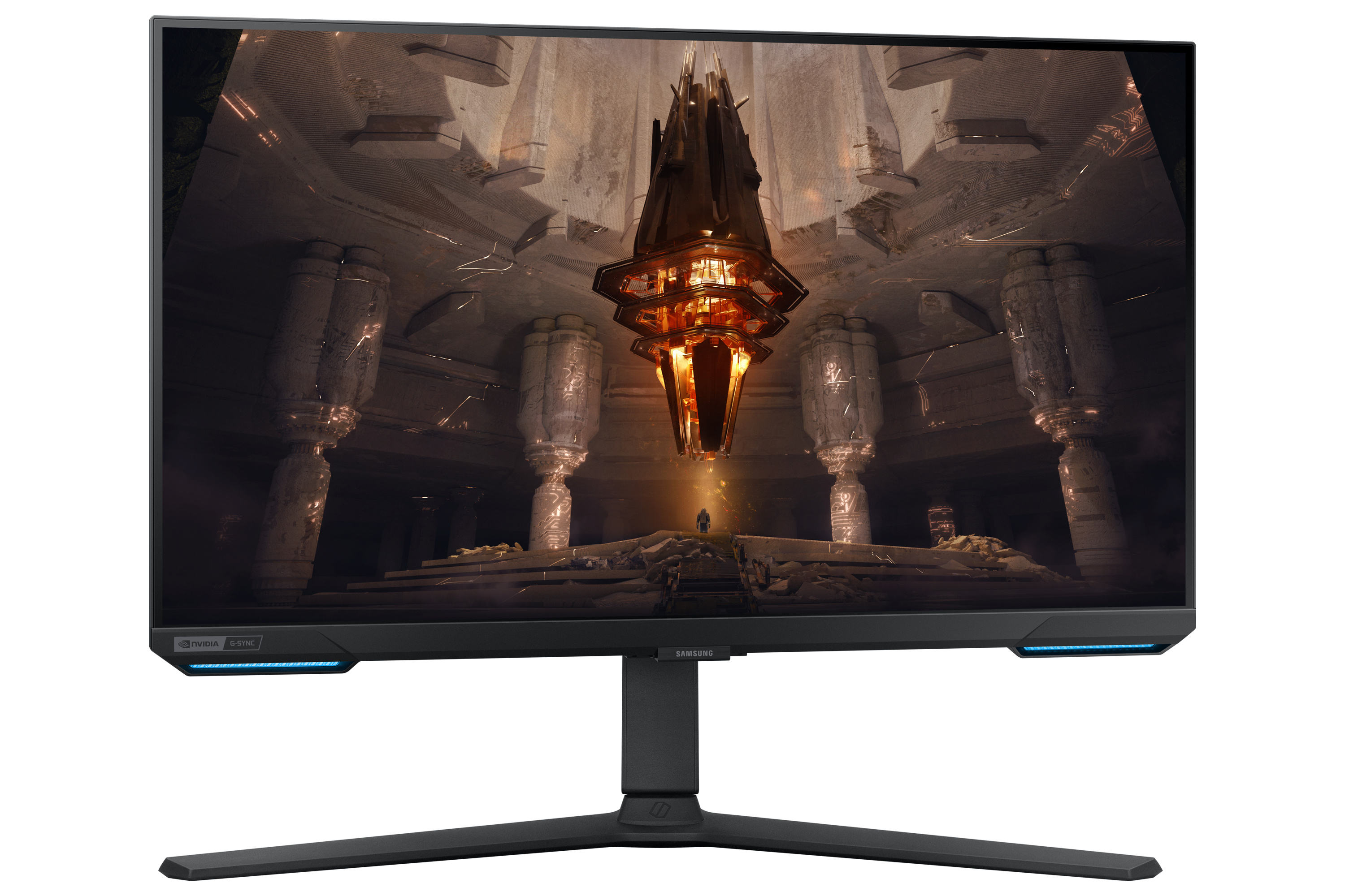 Un monitor gaming muestra una escena fantástica con una gran estructura brillante.