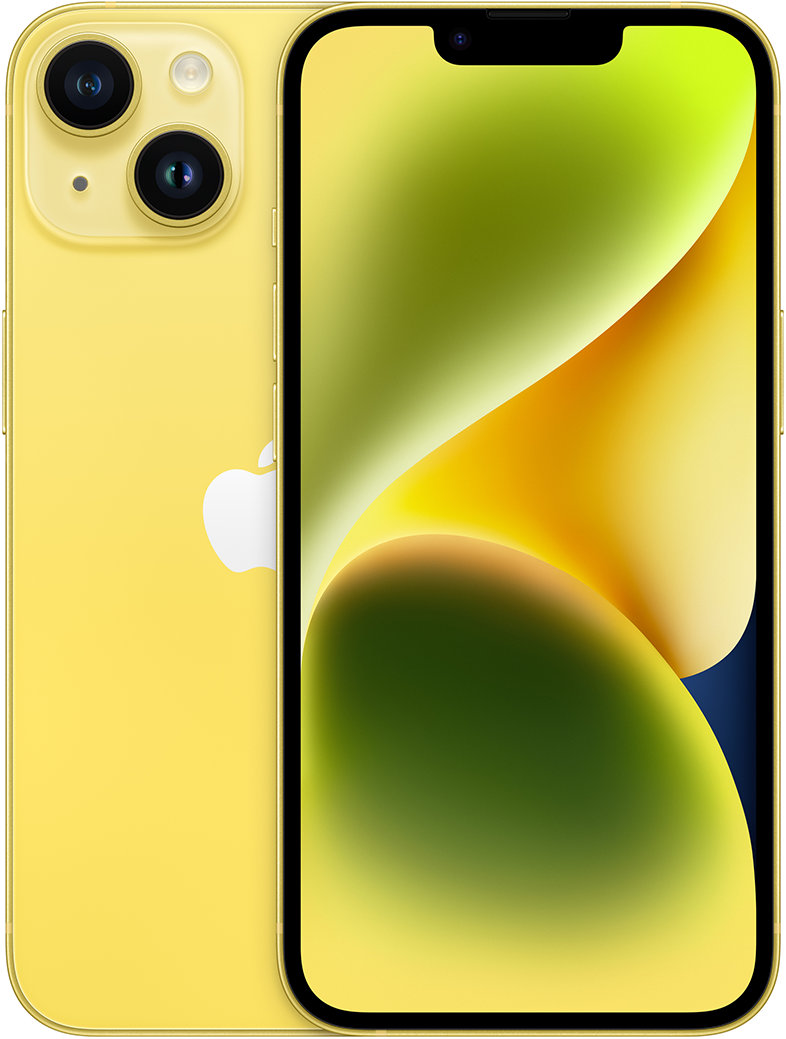 Sárga iPhone dupla kamerával. A képernyő színes grafikát jelenít meg.