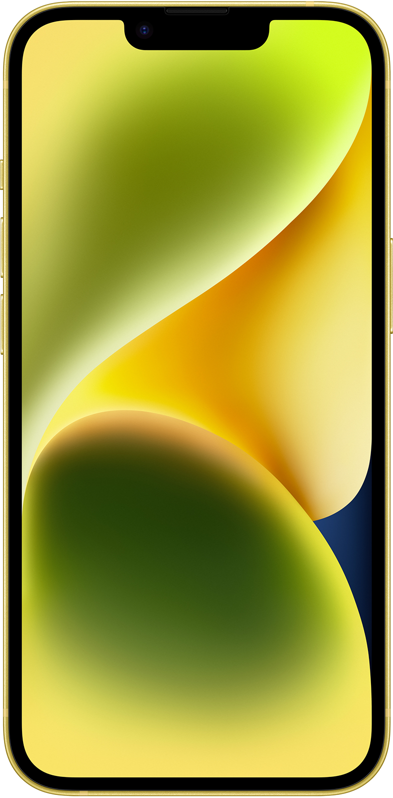Sárga iPhone színes háttérképpel.