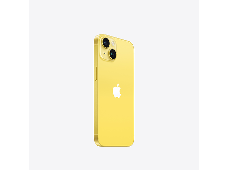 Egy sárga iPhone 14, hátulról, kissé ferdén. Az Apple logója látható a hátoldalon.
