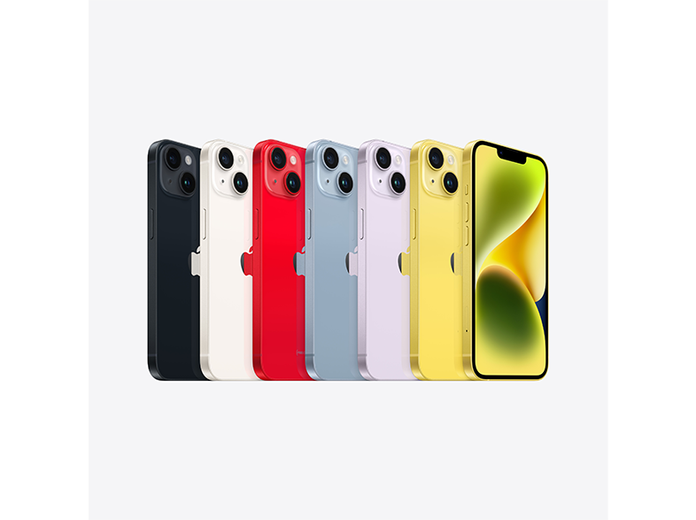iPhone 14-ek sorozata különböző színekben: fekete, fehér, piros, kék, lila, sárga és kijelző.