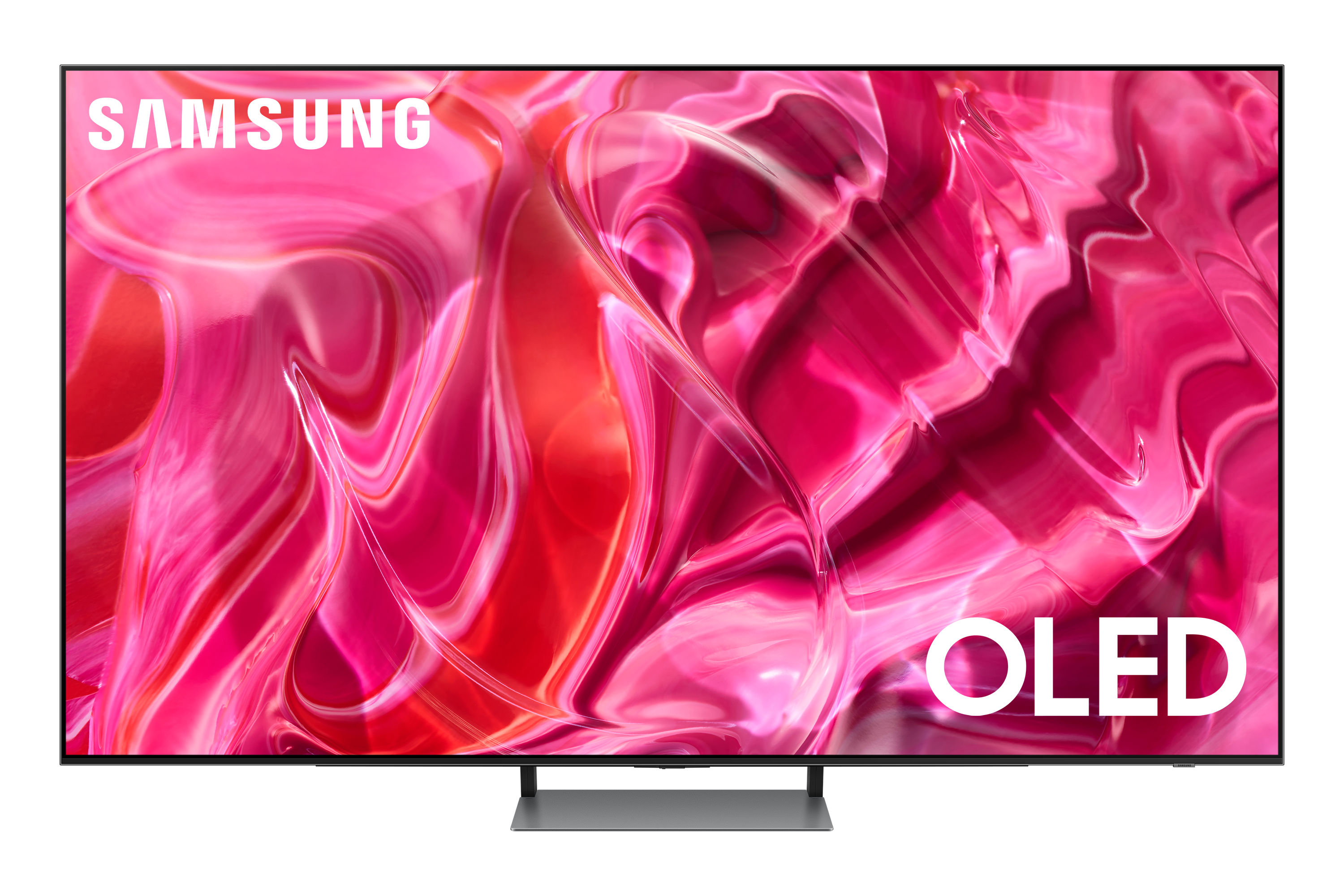 Samsung OLED-Fernseher. Großer Bildschirm mit rosa und roter abstrakter Kunst, schwarzer Rahmen, silberner Ständer.